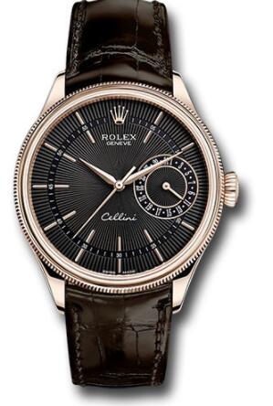 Replica Rolex Cellini Date Watch 50515 Everose Black Dial Brown Leather Strap